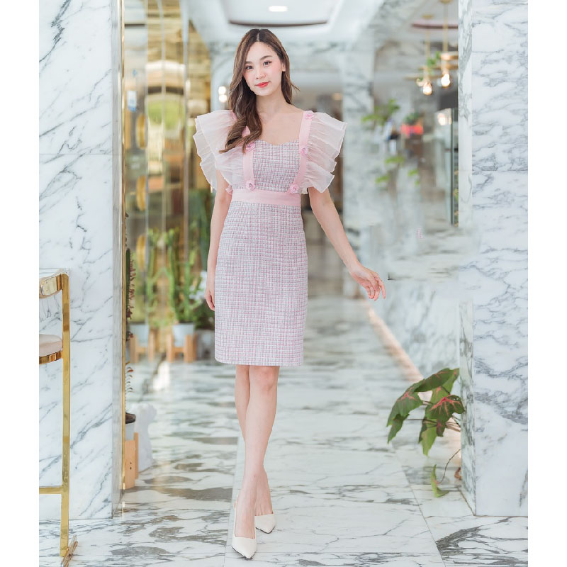 kudapy เดรสสั้นสีเขียว/สีชมพู ผ้าทวิตแขนระบาย