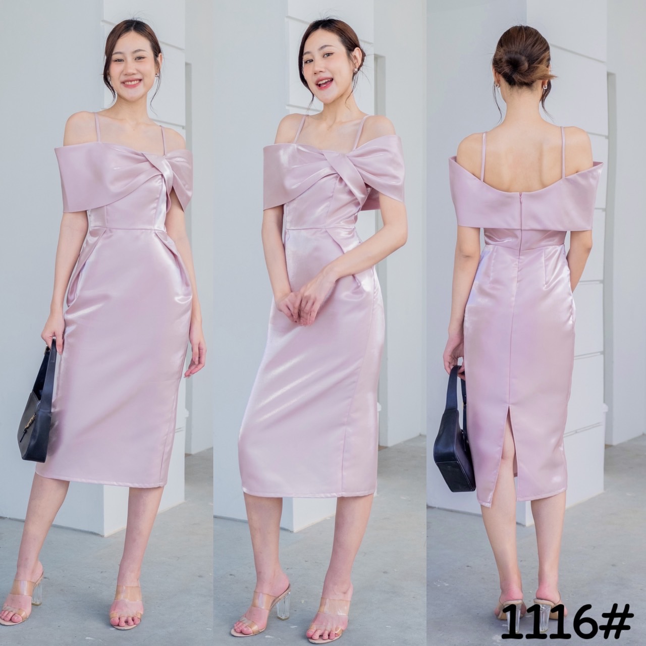 kudapy เดรสสายเดี่ยวเปิดบ่า แต่งจีบโบว์ข้าง กระโปรงสอบ ทรงดินสอ ผ่าหลังเดินสะดวก พรางแขน