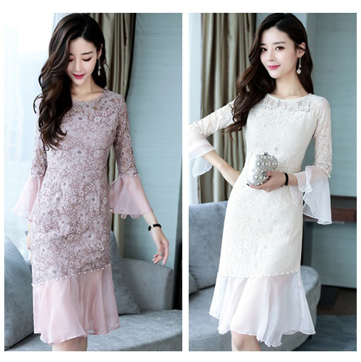 kudapy เดรสสั้นสีครีมเบจ/สีชมพูม่วง ผ้าลูกไม้ เข้ารูป แนวเรียบหรู สวยหวาน ดูดี ใส่ไปงานแต่งงานเช้า ใส่ออกงาน