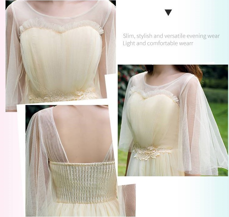 kudapy ชุดเดรสยาวคลุมเข่าใส่ออกงานสีครีม แขนเสื้อระบาย เดรสผ้ามุ้ง 2 ชั้น