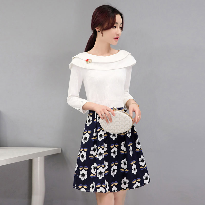 kudapy ชุดเดรสสีทูโทน เสื้อสีขาว กระโปรงสีน้ำเงิน ใส่ได้หลากหลายโอกาส XL