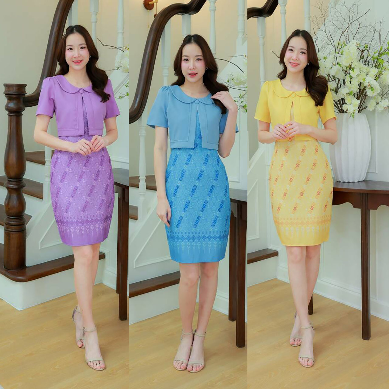 kudapy เดรสสั้นสีเหลือง/สีฟ้า/สีม่วง เสื้อคอปกพิมพ์ลายไทย ใส่สบายสวยดูดี