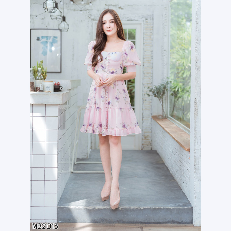 kudapy เดรสสั้นสีชมพู/สีขาว ลายดอกแขนบาร์บี้สวยน่ารักดูดี