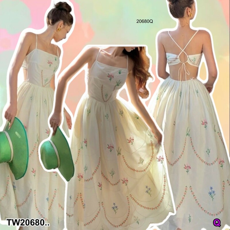 kudapy แมกซี่เดรสสายเดี่ยวร้อยหลัง กระโปรงจับจีบรอบตัว ทรงกระโปรงบาน เอวยางยืดหลัง เนื้อผ้า คอตตอนปัก