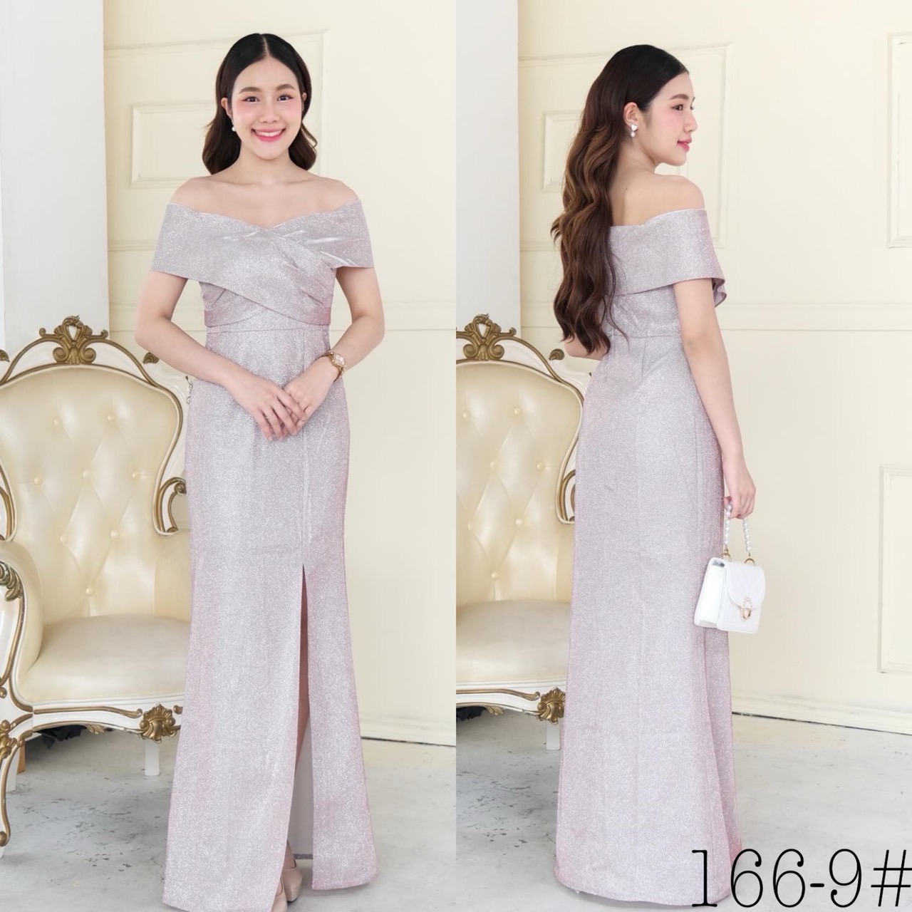 kudapy เดรสยาวสีชมพู,ฟ้า,เทา,ทอง,เขียวมิ้น ทรงไขว้อกแถบใหญ่ ตีเกร็ดโอบบ่า กระโปรงหางปลา ผ่าหน้า ทำให้ขายาวเพรียว ซิปหลัง