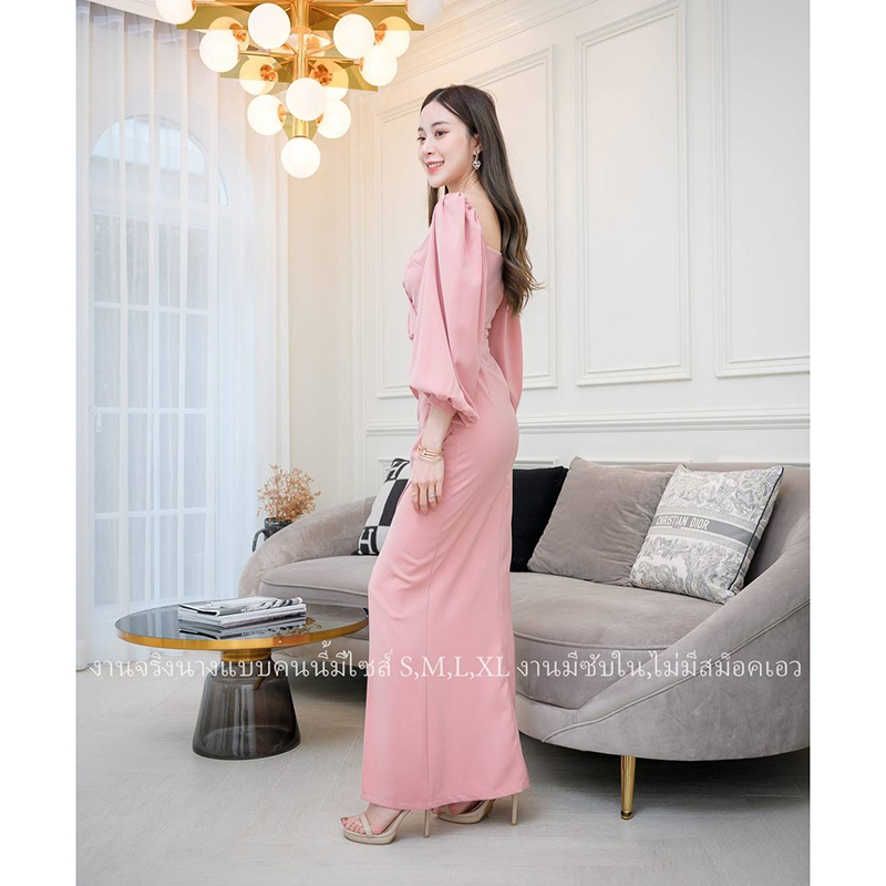 kudapy เดรสราตรีแขนยาวปาดคอวีสีแดง/สีเขียว/สีชมพู ผ่าสูงข้าง งานสวยคุ้มราคา ซิปหลังมีซับใน เริ่ดมากก