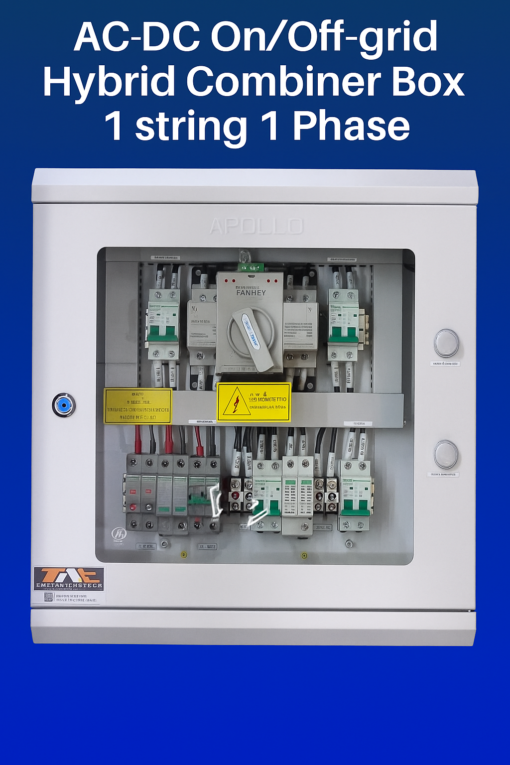 ตู้คอมบายเนอร์แบบออนออฟกริดไฮบริด 1 สตริงตู้หน้ากระจก AC-DC On/Off-grid Hybrid Combiner Box 1 string พร้อม สวิตซ์สลับแหล่งจ่ายไฟ อัตโนมัติ ระบบไฟฟ้าสำรอง ATS Automatic Dual Power Transfer Switch 2P 63A