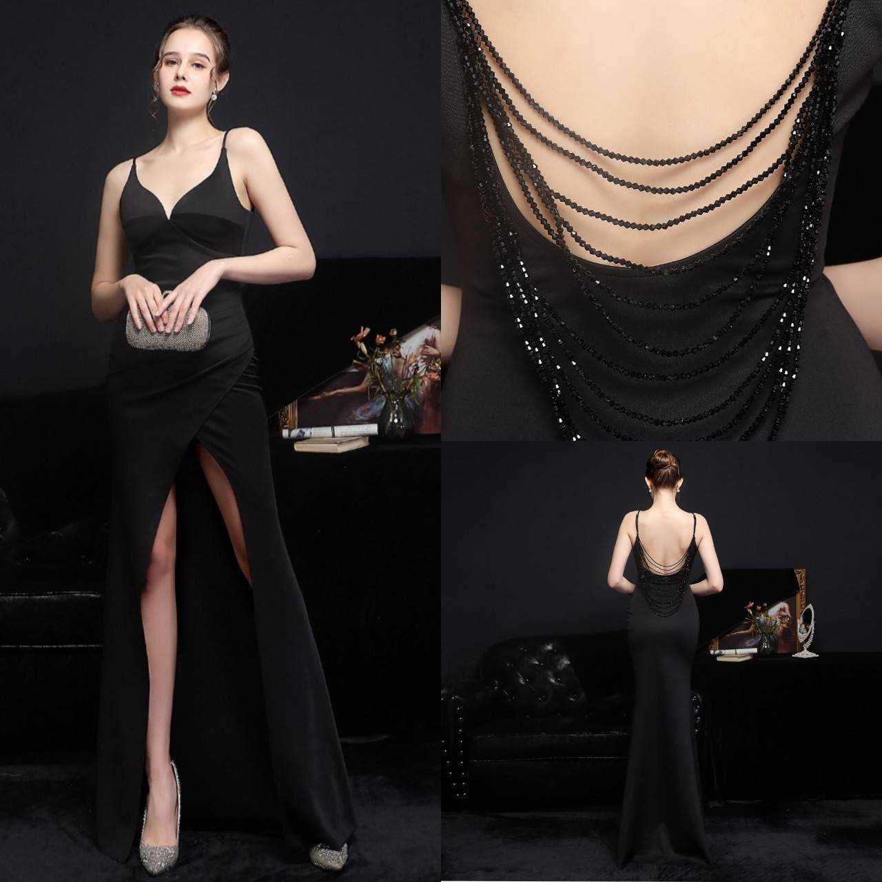 kudapy ชุดราตรียาวสายเดี่ยวเปิดหลัง สีแดง,ขาว,ดำ,ครีมทอง เดรสผ่าข้างจีบเอว ทรงเข้ารูป งานสวยจริงค่ะผ่าข้างตามแบบ