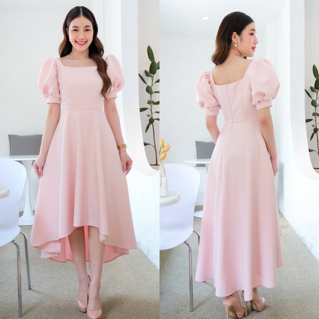 kudapy เดรสพองสีขาวงาช้าง/ฟ้า/ชมพูพาสเทล/เทาอ่อน/ทอง คอเหลี่ยม เกาหลีมากแม๊ คัตติ้งเริศแบบอลัง กระโปรงทรงหน้าสั้นหลังยาว