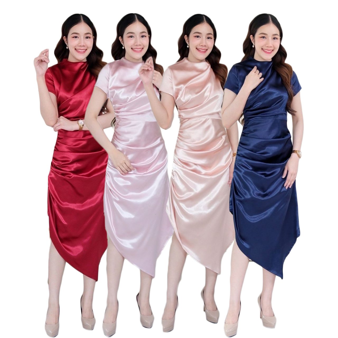 kudapy เดรสสั้นใส่ออกงานสีแดงสด แขนสั้น คอปีน ผ้าเนื้อเงา