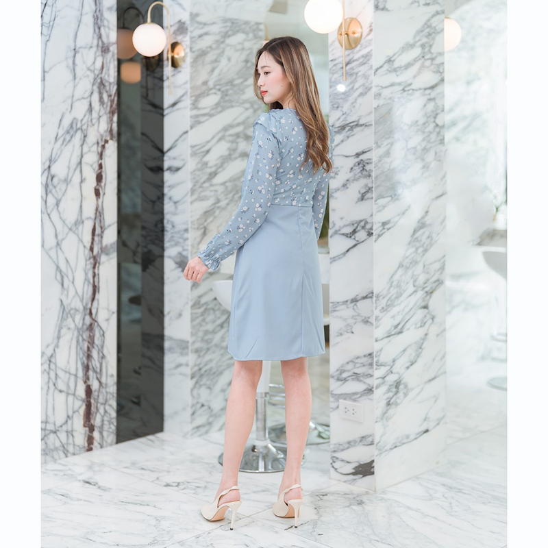 kudapy เดรสสั้นคอกลมสีฟ้า/สีชมพู/สีเขียว ใส่ทำงานแขนยาวคอระบายผูกโบว์กลางอก