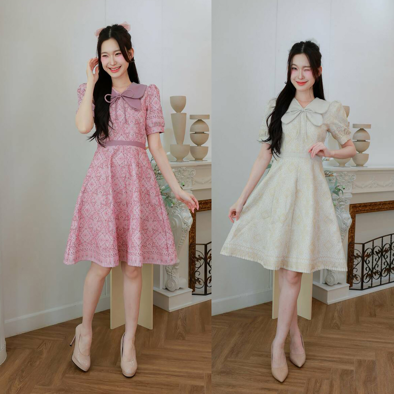 kudapy เดรสคอปกบัวผีเสื้อแขนตุ๊กตาพิมพ์ลาย