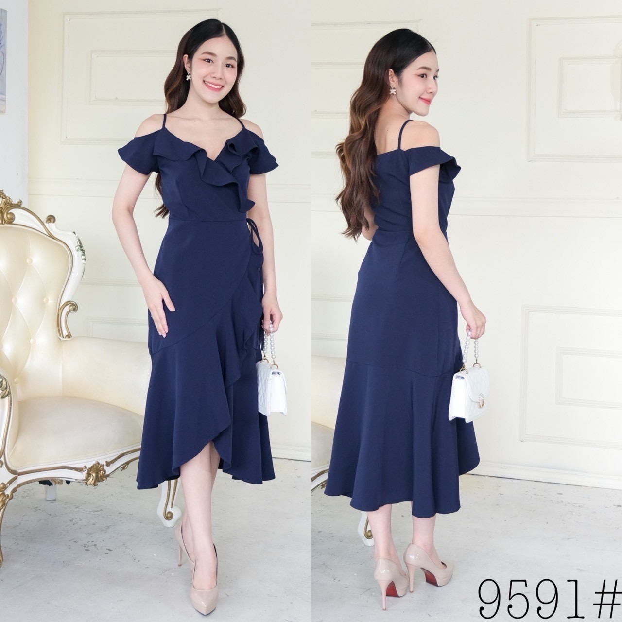 kudapy เดรสยาวสีชมพูตุ่น/สีเขียวมิ้ท์/สีน้ำเงิน/สีชาไทย/สีครีมเบล/สีชมพูเข้ม ผ้าเครปหนา สายเดี่ยวแต่งระบายช่วงแขน กระโปรงหางปลา