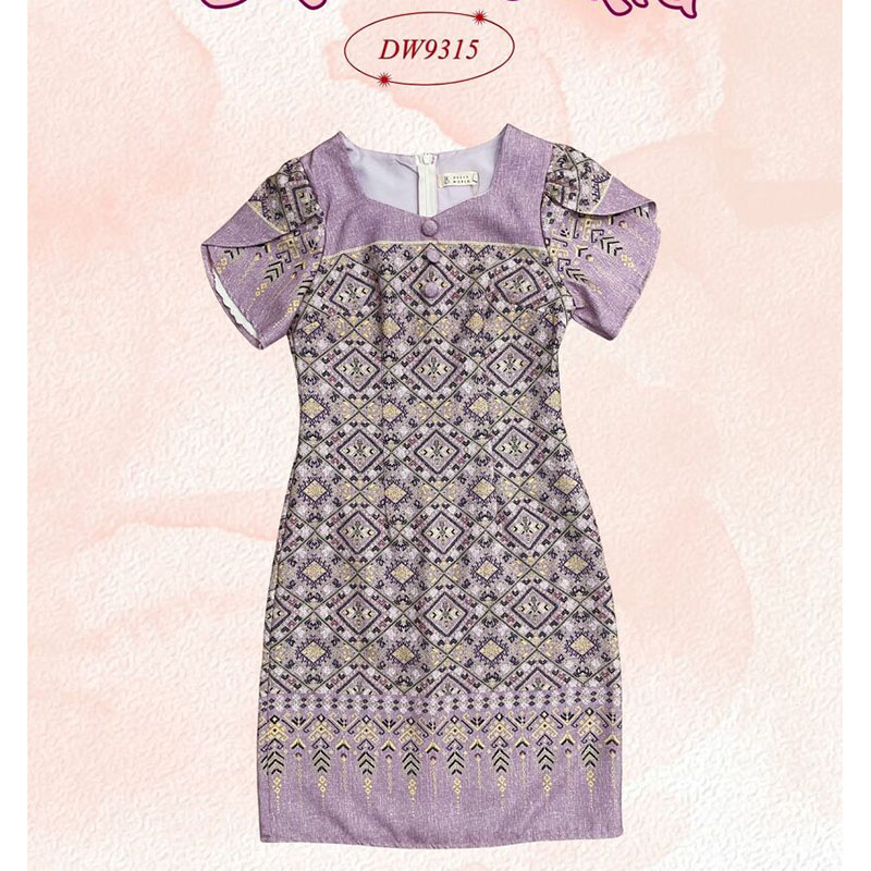 kudapy เดรสสั้นสีฟ้า/สีชมพู/สีม่วง ผ้าลายไทยแขนกลีบบัว