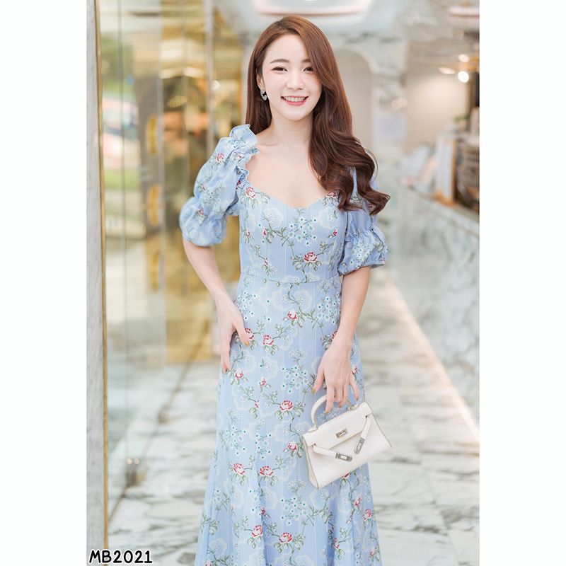 kudapy เดรสยาวสีฟ้า คอกว้างแขนตุ๊กตาสวยใส่สบายดูดี