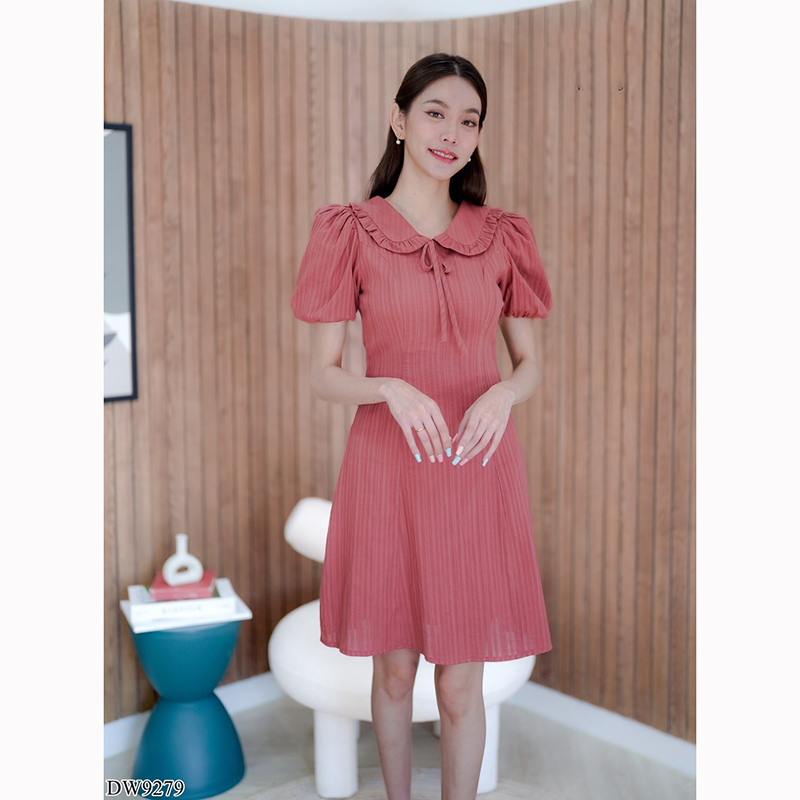 kudapy เดรสสั้นสีขาว/สีชมพู/สีฟ้า ผ้าทอแขนจั๊มผูกโบว์
