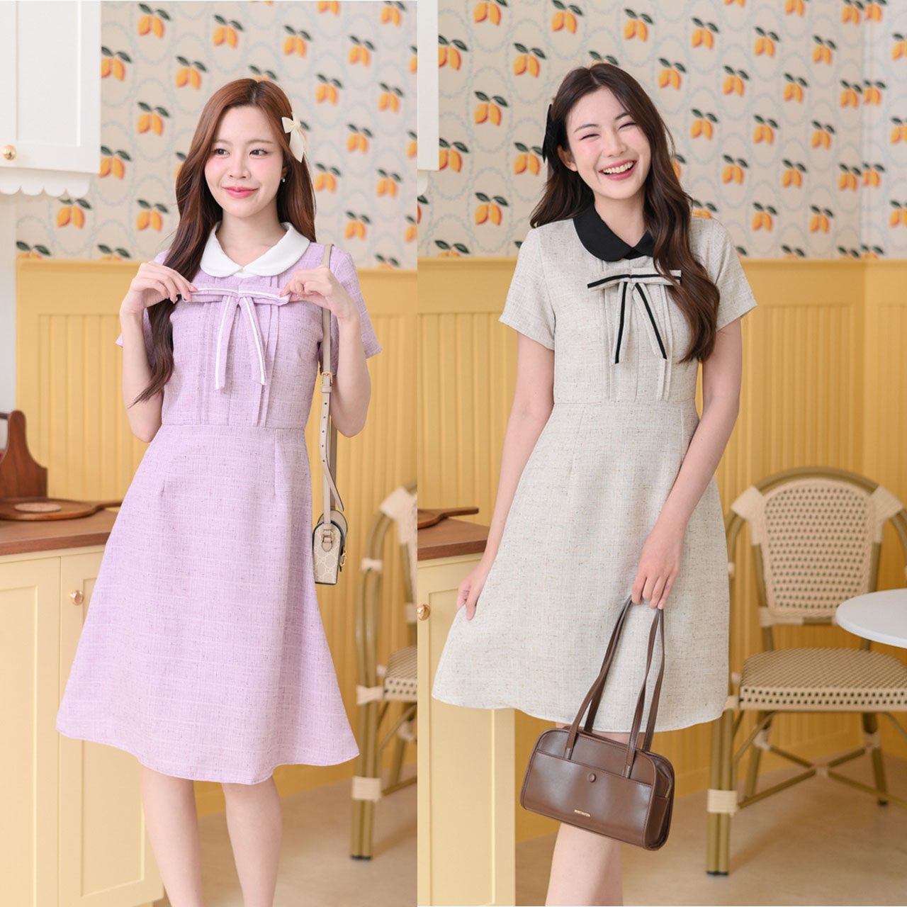 kudapy เดรสแขนสั้น เล่นสีทูโทนปกคอบัว มีกิมมิคจับจีบพลีทกลางลำตัว โบว์แต่งกุ๊นดีไซน์เก๋กลางอก