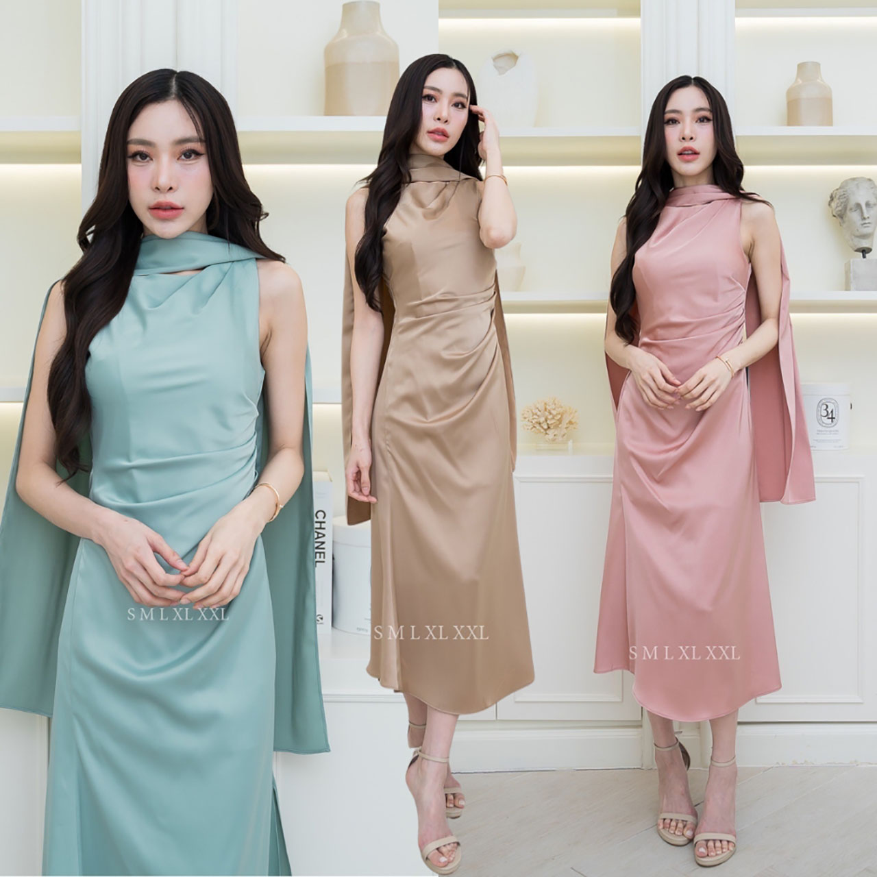 kudapy เดรสยาวแขนกุด มาพร้อมผ้าคลุมไหล่สวยเก๋ ชุดไปงานแต่งงาน ชุดออกงาน ชุดเพื่อนเจ้าสาว ผ้าเครปซาติน