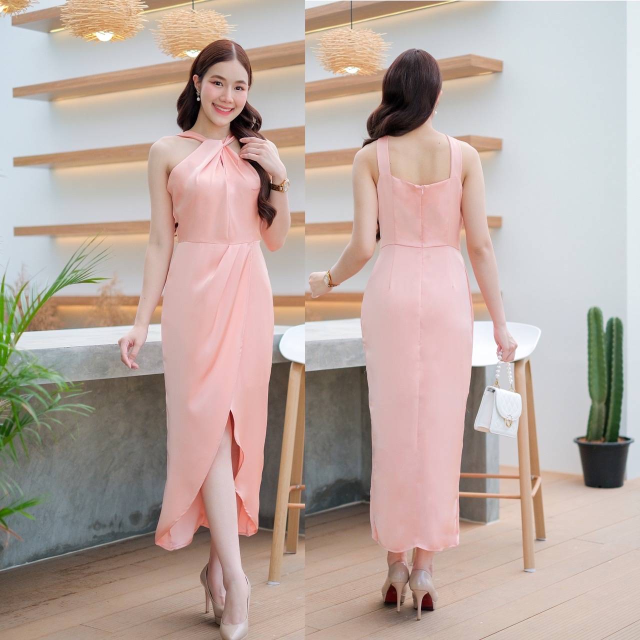 kudapy เดรสยาวชมพูโอรส/สีเขียว/สีครีม คล้องคอ+โบว์เพชร กระโปรงทรงทิวลิป มีซับกระโปรงสั้นด้านใน