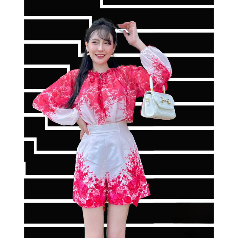 kudapy set Bohimain ชีฟองสวยๆ เสื้อ+กางเกง ลายสีแดง กางเกงมีกระเป๋า เรียบหรูไฮโซ