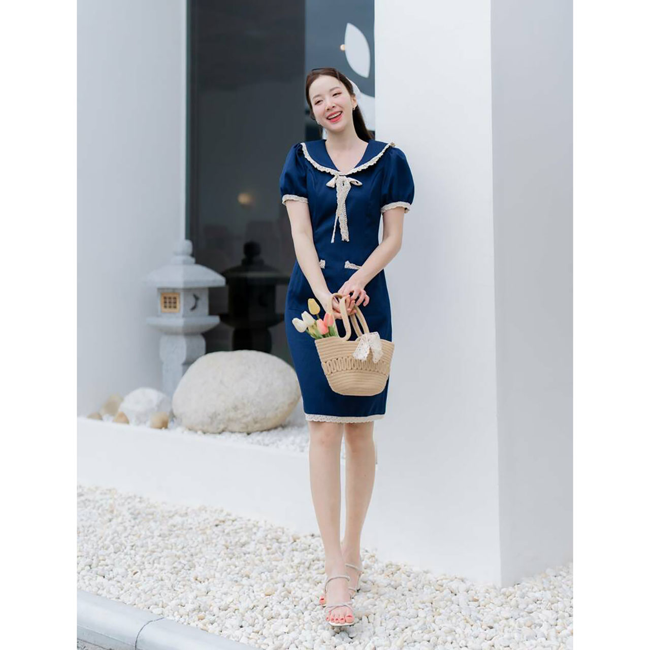 kudapy เดรสสั้สีชมพู/สีฟ้า/สีกรม คอปกแต่งลูกไม้แขนตุ๊กตา