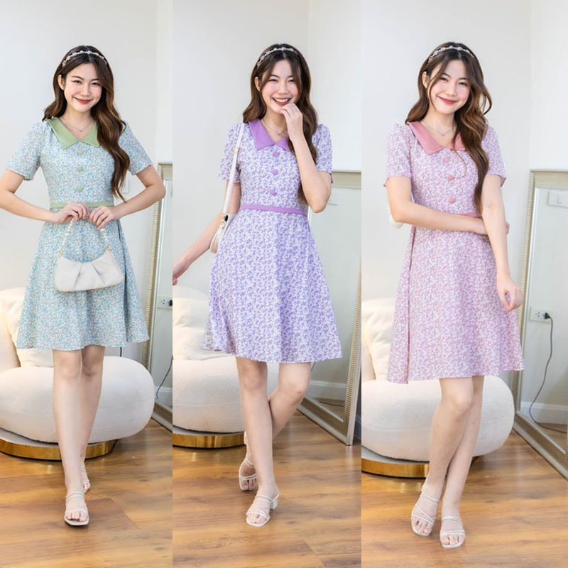 kudapy เดรสสั้นสีชมพู/สีม่วง/สีเขียว คอปกทรงบานลายดอก ใส่สบายสวยดูดี