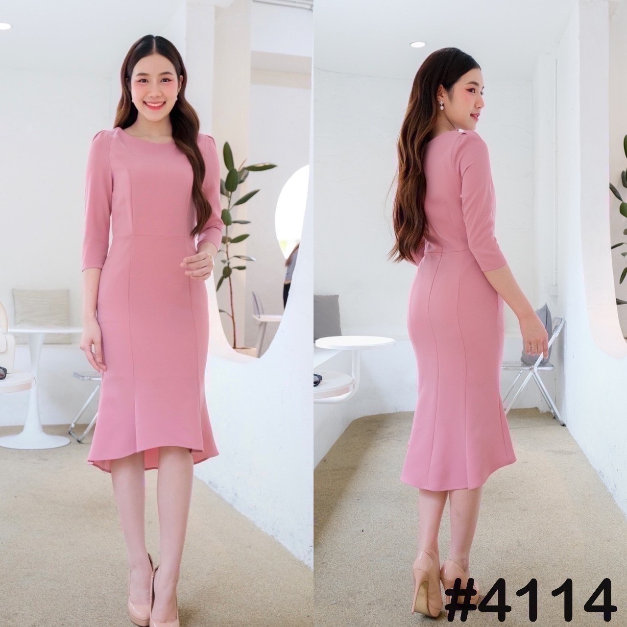 kudapy เดรสแขน3/4 กระโปรงทรงหางปลา เรียบหรูสุดๆ ใส่ไปงาน ผ้าเครปเกาหลี หนานุ่ม เด้งดึ๋ง ใส่สบาย