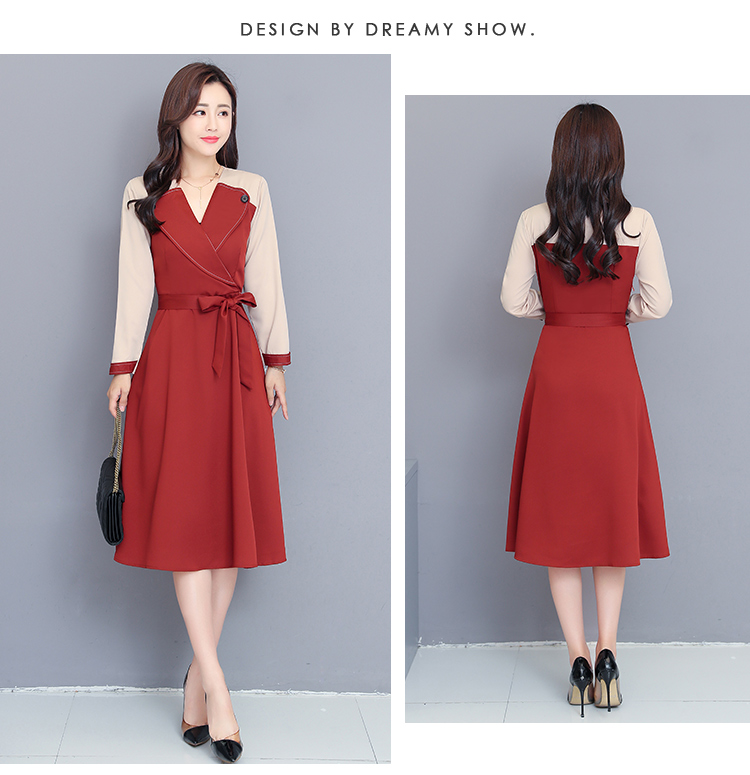 kudapy เดรสใส่ทำงาน ผ้าโพลีเอสเตอร์ผสมสีทูโทน ตัวเดรสสีไวน์แดง แขนเสื้อสีครีม