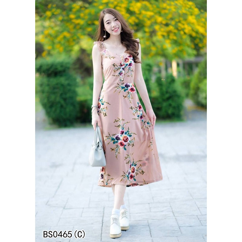 kudapyดรสยาวสีขาว/นุ้ด/แดง/ชมพู/กรมท่า ระบาย ติดกระดุมอก เนื้อผ้าหางกระรอกพิมลายดอกไม้ เอวยืดสม็อคหลัง มีซับใน