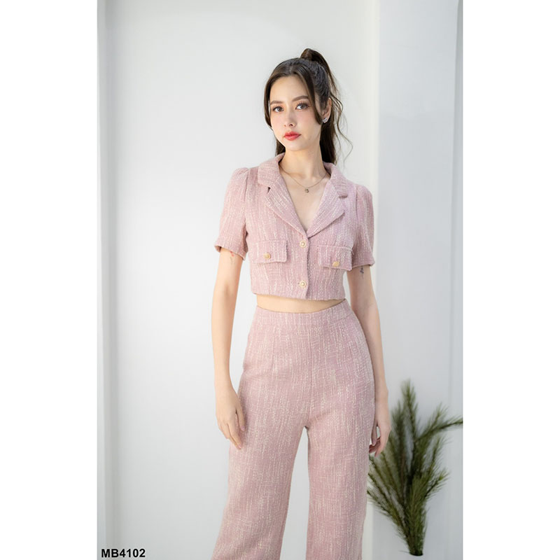 kudapy เซ็ทผ้าทวิตเสื้อปกสูท+กางเกงขายาวสีชมพู/สีดำ