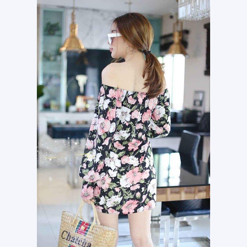 kudapy เดรสสั้นสีดำ,ฟ้า,เหลือง,ขาว ลายดอกใส่เปิดไหล่หรือคอเหลี่ยมก้ดูดีลายสวย