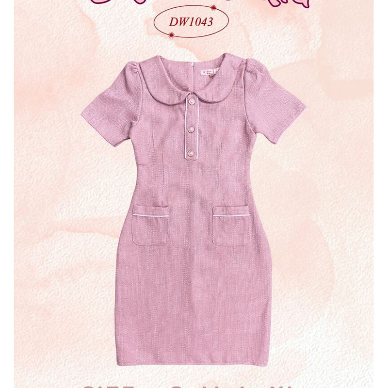 kudapy มินิเดรสปกคอบัวสีฟ้า/สีชมพู/สีกรม มีกระเป๋าข้าง สีพื้น สไตล์เรียบๆเป็นงานซิปหลังน้า