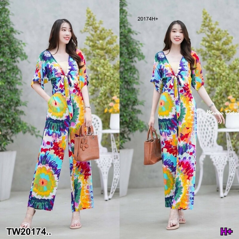 kudapy set 2 ชิ้น คอวี ไปทะเล เสื้อแขนสั้นผูกโบว์ด้านหน้าลายมัดย้อม + กางเกงขายาวทรงกระบอก