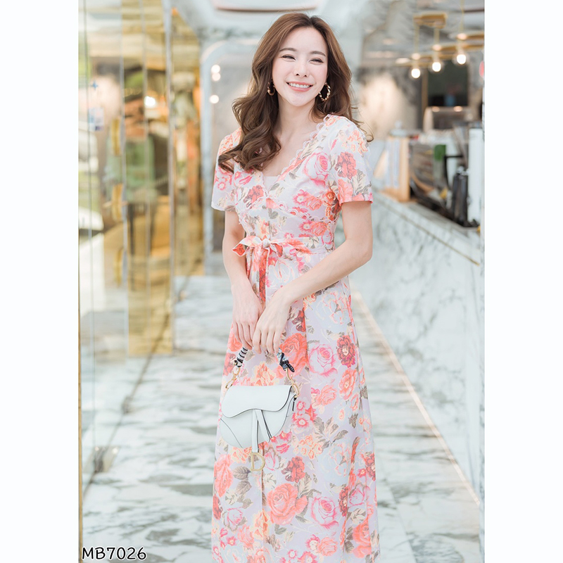 kudapy เดรสยาวสีม่วง/สีชมพู รัดเอวลายดอกไม้สวยดูดีผ้าใส่สบาย