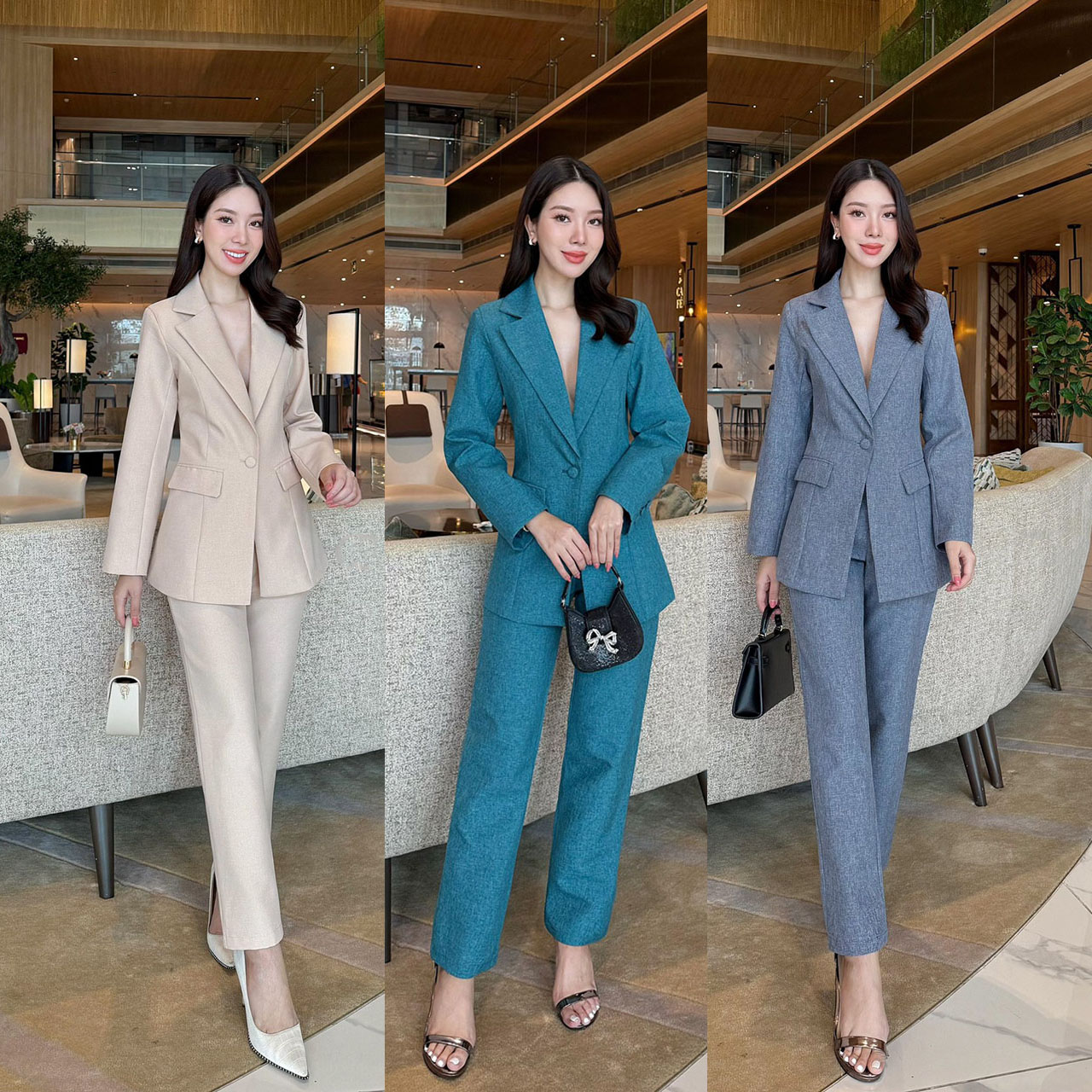 kudapy ชุดสูท สวยคลาสสิคแมทซ์ง่าย คล่องตัว เสื้อสูทมีซับในอย่างดี แต่งกระดุมปั้มผ้าเดียวกับสีชุด มาคู่กับกางเกงขายาวทรงกระบอกเล็กใส่สบาย
