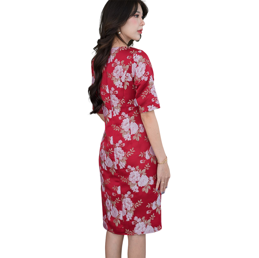 kudapy เดรสสั้นผ้าไหมทอลาย สีกรมท่า สีแดง เดรสคอกลม แขนสั้น ทรงเอเข้ารูป มีซับในซิบหลัง งานสวยหรูมากค่ะ
