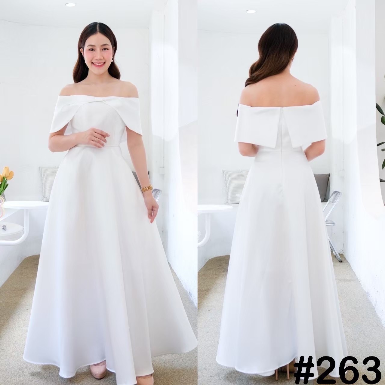 kudapy Maxi เดรสยาว เจ้าหญิง เปิดบ่า ดีเทลอกโบว์ใหญ่ กระโปรงบาน ลุคหวานๆ พรางแขน โชว์เอวสับๆ