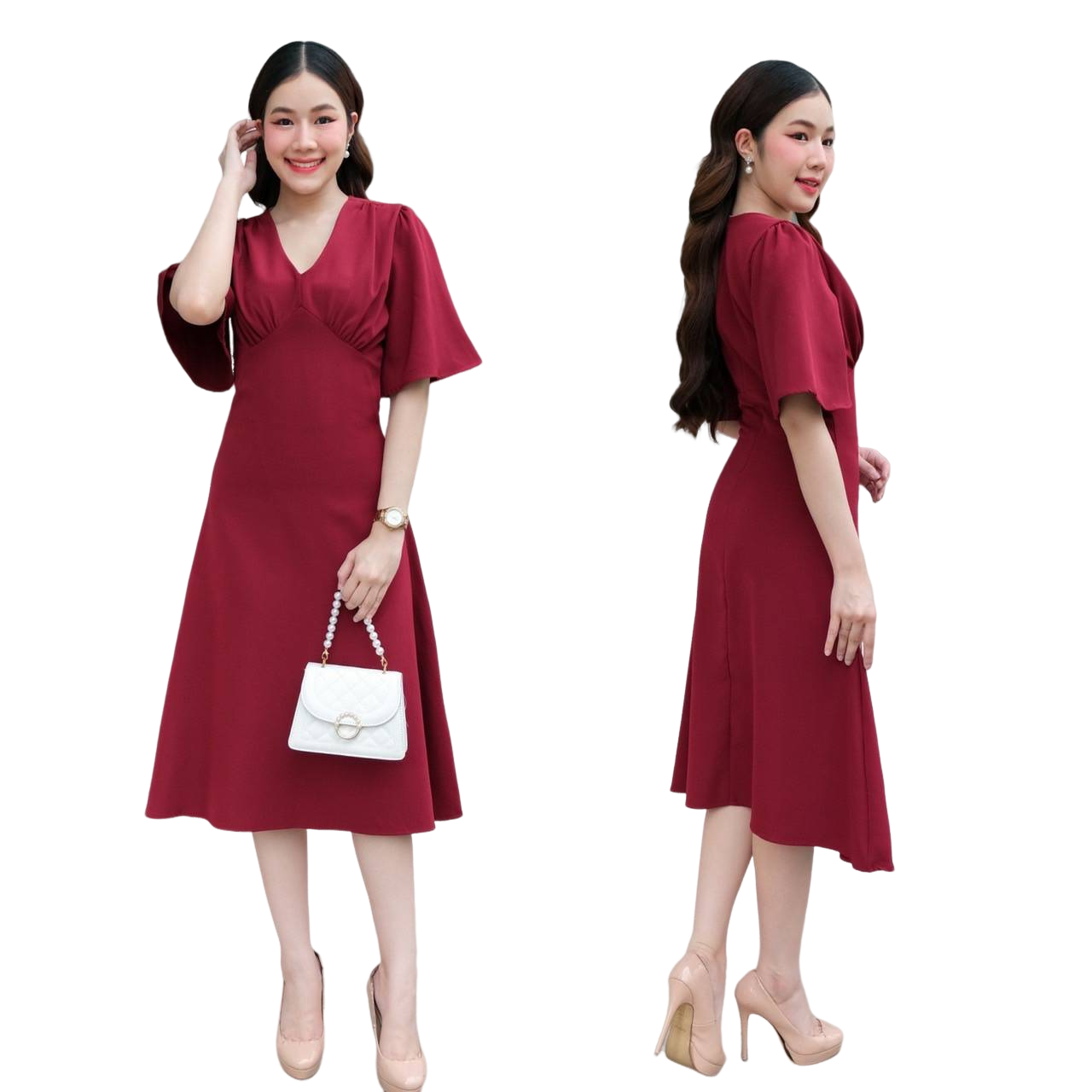kudapy Midi dress คอวี แขนกระดิ่ง สีชมพูกลีบบัว, สีส้ม, สีกากี ,สีแดงเลือดหมู ,สีเทา น่ารักมากกกกก คัตติ้ง เอวสูงปรี๊ด กระโปรงบานตีเกร็ดเอว