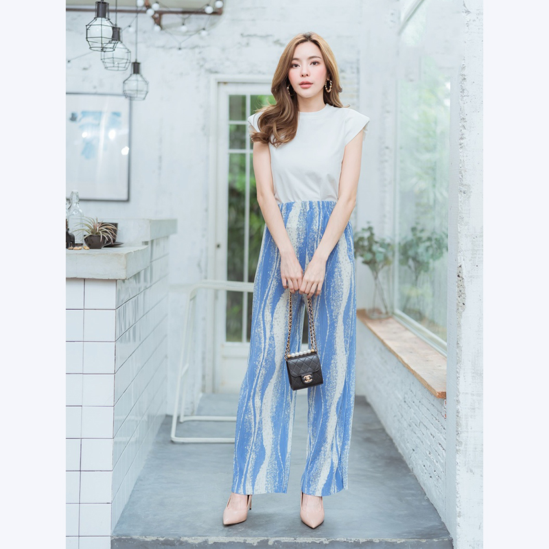 kudapy เซทเสื้อ+กางเกงอัดพีชลายคลื่นสีเขียว,ดำ,ฟ้า,ชมพู สวยดูดีใส่สบายน่ารัก