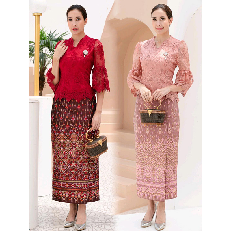 kudapy ผ้าถุงทอลายสีแดง/สีชมพู ผ้าไหมแพรวากาฬสินทร์สำเร็จรูปอัดกาวอย่างดี