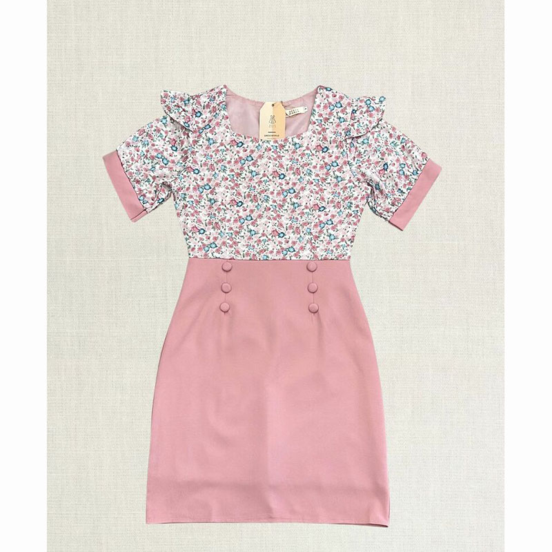 kudapy เดรสสั้นสีม่วง/สีชมพู/สีคราม แขนสั้นลายดอกมีกระดุม