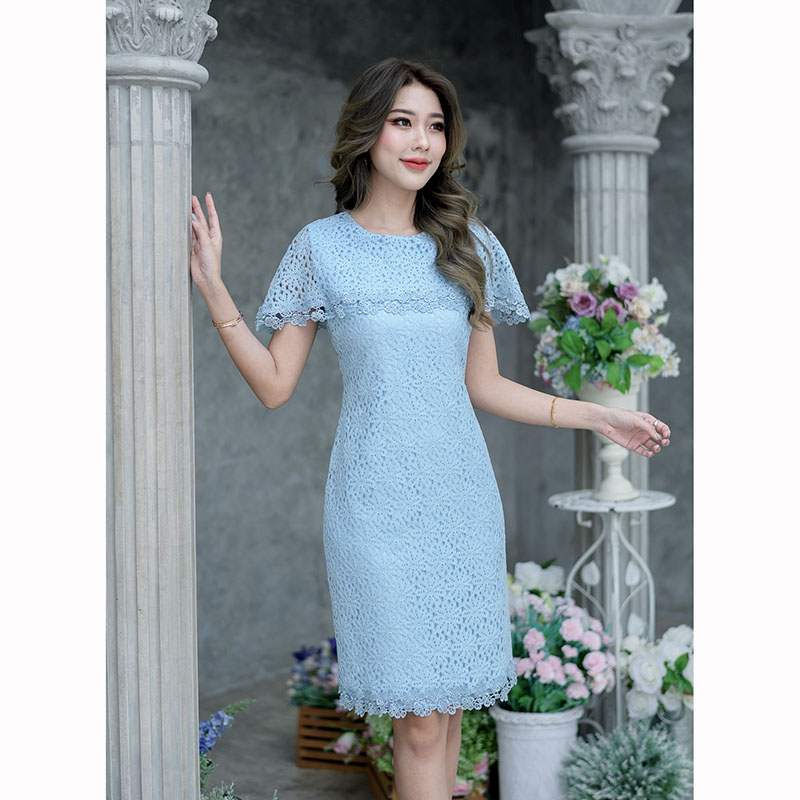 kudapy เดรสสั้นสีชมพู/สีฟ้า ลูกไม้เนื้อนิ่ม งานเดรสทรงเก๋ๆค่ะ เป็นงานคลุมไหล่ แต่งลูกไม้ช่วงชายกระโปรง และชายเสื้อ