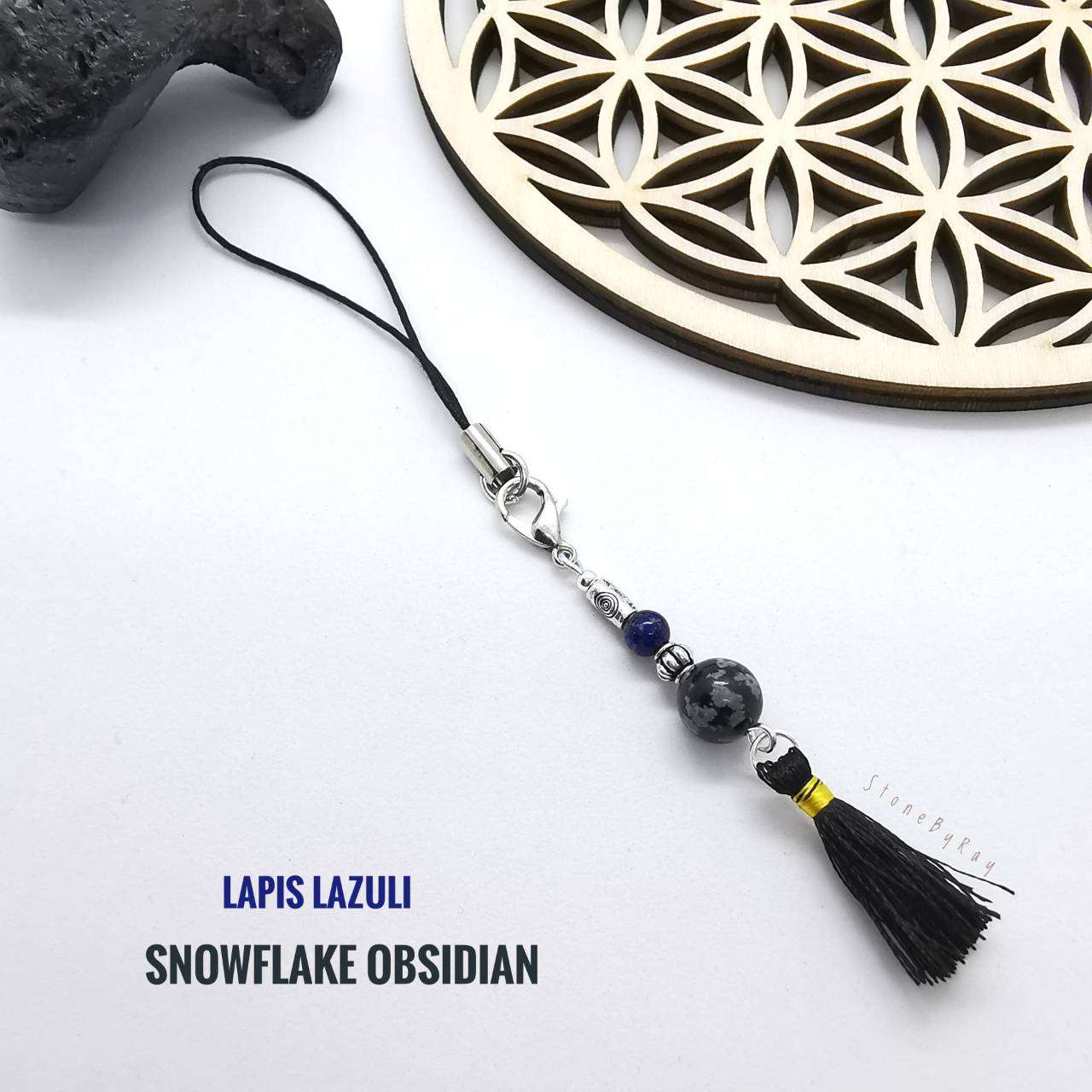 สายคล้องโทรศัพท์หินสโนว์เฟล็กออปซิเดียน+ลาพิสลาซูลี Snowflake Obsidian