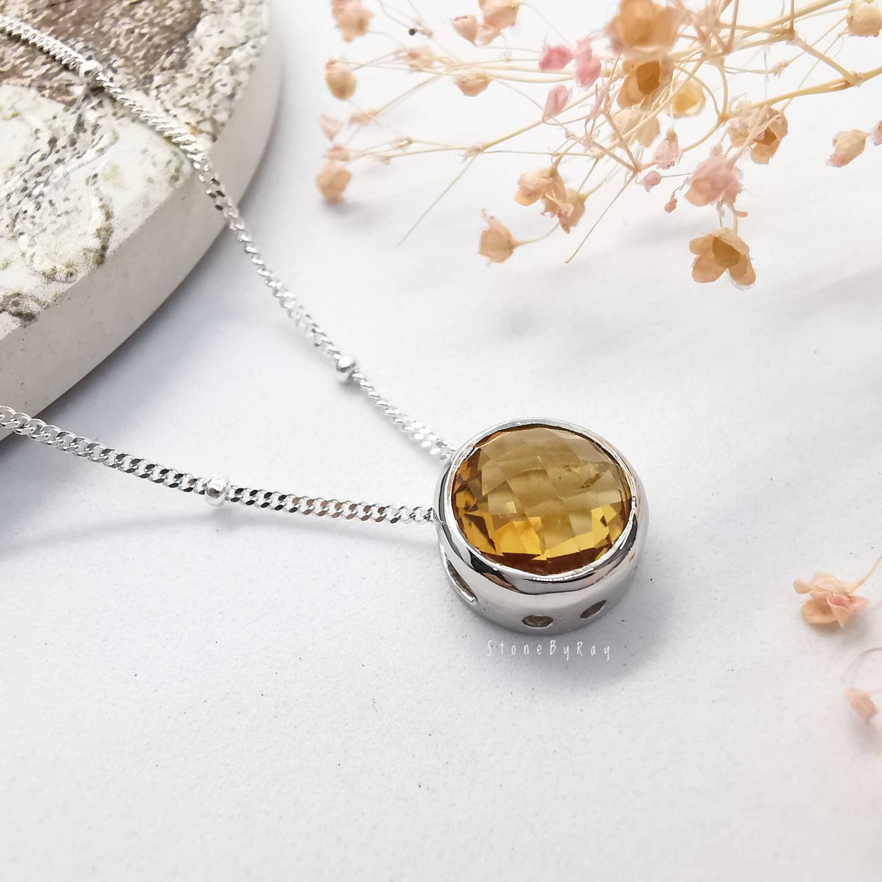 สร้อยคอเงินจี้พลอยซิทรินเจียรเหลี่ยม(Citrine)
