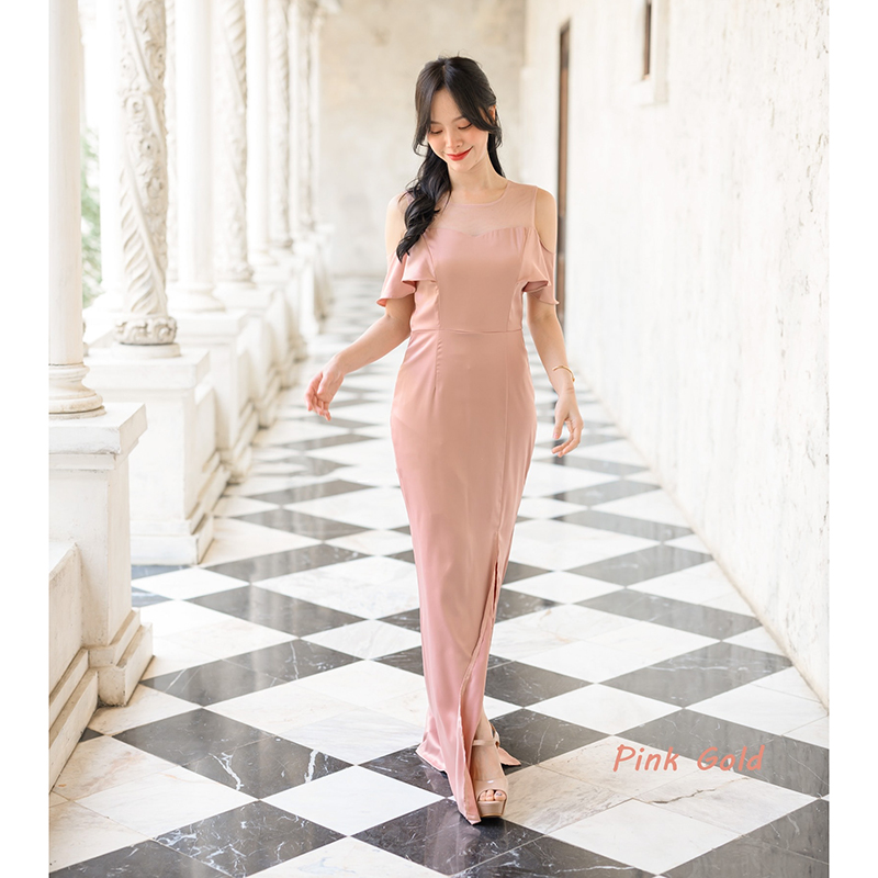 kudapy เดรสยาวPink Champagne/Pink Gold ทรงสวย ใส่ออกงานสวยหรูดูแพง ช่วงบนทำเป็นอก Curve คล้ายเกาะอก แต่จริงๆแล้วแต่งด้วยผ้าซีทรูใส่ง่ายไม่ต้องกลัวโป๊กลัวหลุด