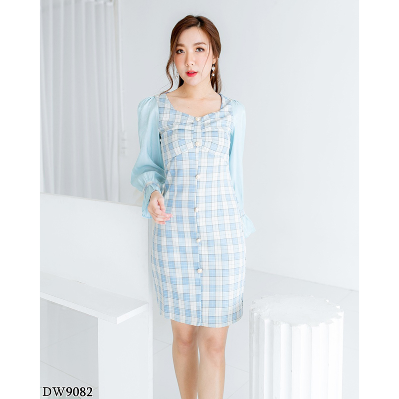 kudapy เดรสสั้นแขนยาวชีฟองลายสก้อตสีชมพู/สีฟ้า/สีครีม แขนยาวกระดุมหน้าลายตาราง สวยดูดีน่ารัก