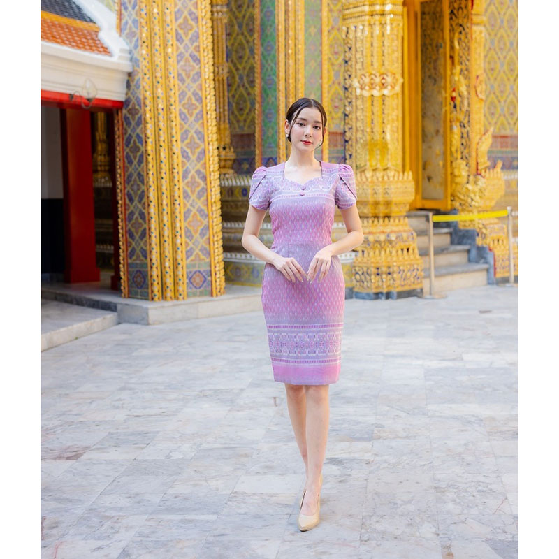 kudapy เดรสสั้นสีโอรส/สีชมพู/สีม่วง/สีฟ้า ผ้าทอแขนบัว เดรสผ้าไทยสวยดูดี ใส่ออกงาน