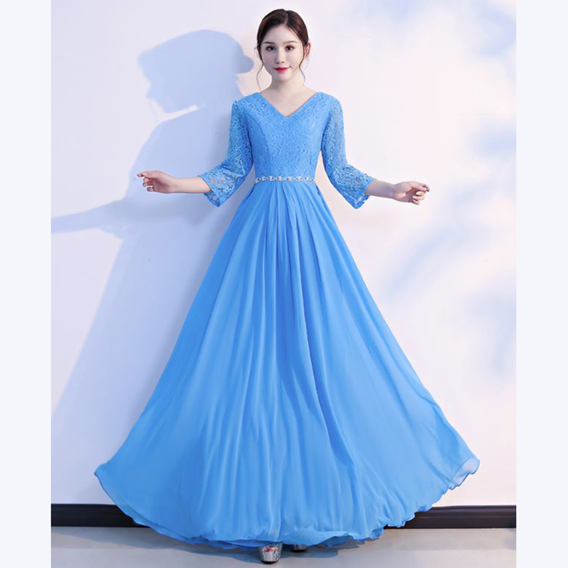 kudapy ชุดราตรียาวสีฟ้า ไซส์ใหญ่ แขนสามส่วน แต่งลูกไม้ กระโปรงผ้าชีฟอง เอวแต่งเพชร