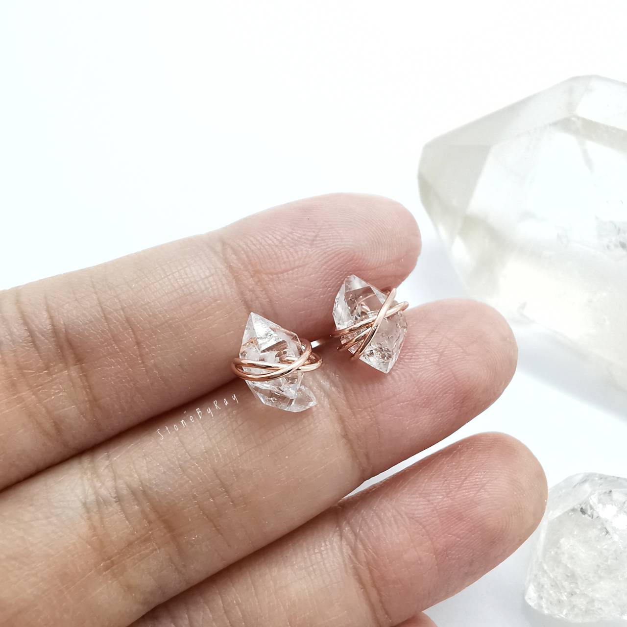 ต่างหูเงินชุบพิ้งโกลด์หินเฮอร์คิเมอร์ไดม่อน Herkimer Diamond