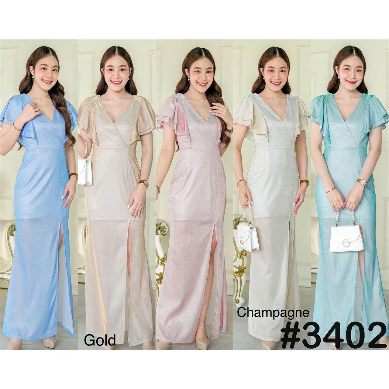 kudapy เดรสยาวสีแชมเปญ,ทอง,เขียว,ชมพู,ฟ้าเหลือบม่วง คอวีอกไขว้ จับจีบแขนระบายพริ้ว พรางต้นแขน กระโปรงทรงสอบยาว